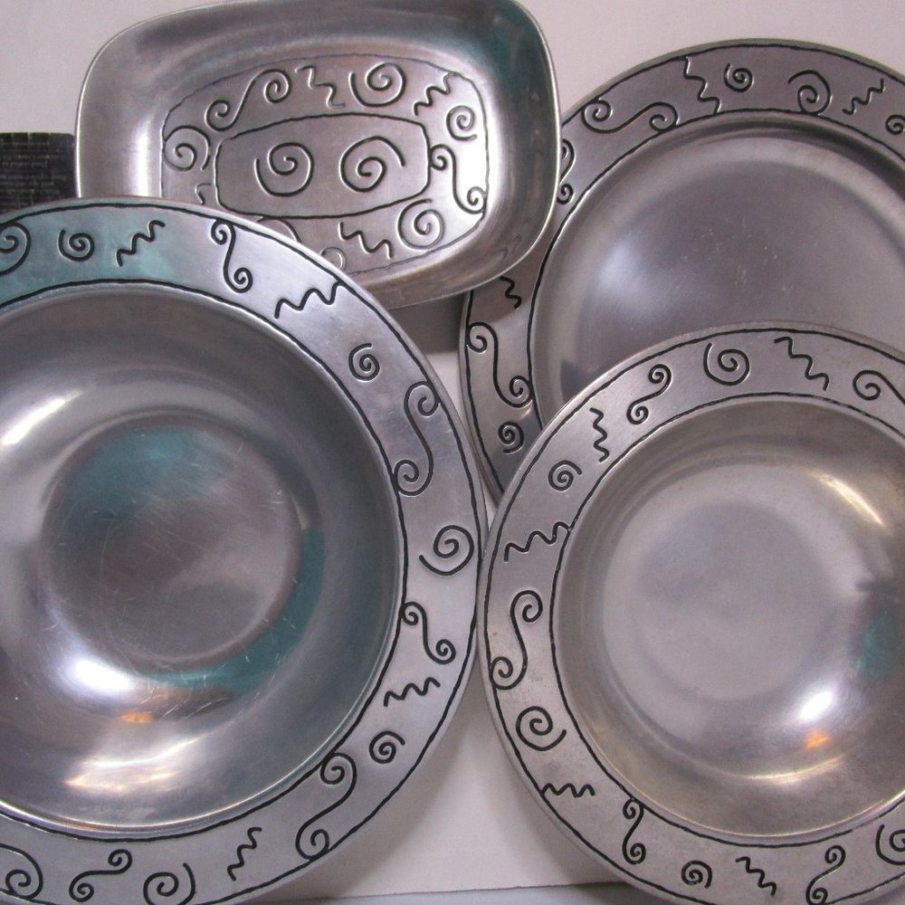 Lot 4 Pewter Pizzazz Bowl Tray Charger Plate Bread Vintage USA